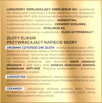 Złota etykieta kremu-serum 60+ z tekstem o składnikach jak adenozyna, ceramidy, 24K złoto. Opis Anti-Age.