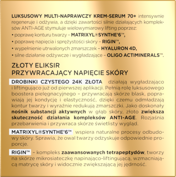 Widok na opis luksusowego kremu-serum 70+ na złotym tle, z detalami składników: 24K złota, Matrixyl, Rigin.