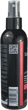 Tył czarnej butelki Seboradin lotion dla mężczyzn przeciw wypadaniu włosów, z czerwoną etykietą i kodem QR.
