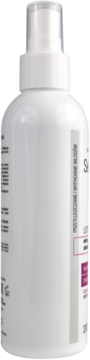 Biały spray lotion do włosów przetłuszczających się i wypadających, z przezroczystą nakładką, widok z boku.
