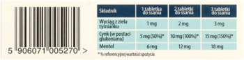 Tabela składu suplementu Halitomin 30 szt. na świeży oddech, widoczna część etykiety i kod EAN.