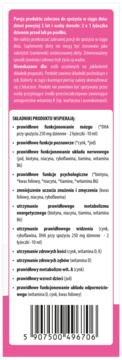 Tył różowego opakowania Multi Omega 3 Junior z instrukcją dawkowania, listą składników i kodem kreskowym.