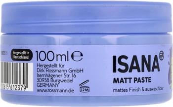 Jasnofioletowa pasta matująca ISANA MATT PASTE 100ml w okrągłym słoiczku z fioletową nakrętką, widok z przodu.