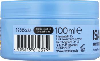 Tył jasnoniebieskiego opakowania ISANA STYLE2 CREATE Krem matujący do włosów 100 ml z etykietą i kodem kreskowym.