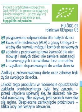 Fragment etykiety Hipp BIO Spaghetti Bolognese: zielone logo UE Bio, info o certyfikacie i kwasie Omega-3 ALA.