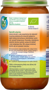 Tył słoiczka HiPP BIO Spaghetti Bolognese, zielona etykieta z instrukcją użycia i składem BIO dla dzieci.