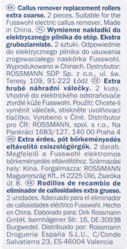 Opakowanie wałków zapasowych Fusswohl, ekstra gruboziarnistych, z tekstem w 5 językach.