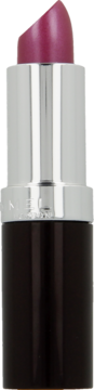 Szminka Rimmel Lasting Finish Amethyst Shimmer, fioletowo-różowa, satynowa, w czarno-srebrnym opakowaniu. Zbliżenie.