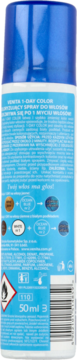 Tył niebiesko-białego sprayu do włosów Venita 1-Day Color 50ml z informacjami o zmywalności i schematami kolorów.