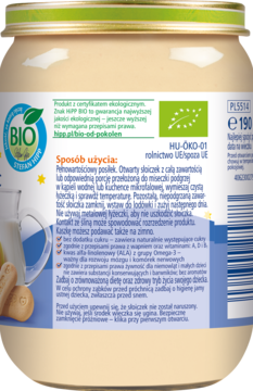 Tył opakowania ekologicznej kaszki mlecznej z biszkoptami i jabłkami, z zielonym logo BIO i instrukcją użycia.