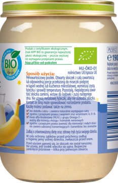 Tył szklanego słoiczka HiPP BIO Kaszka manna z mlekiem i bananami, z zielono-białą etykietą i tekstem PL.