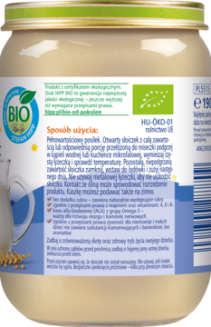 Tył słoiczka kaszki mannej z mlekiem dla niemowląt, z zielonymi certyfikatami BIO i szczegółowym opisem przygotowania.