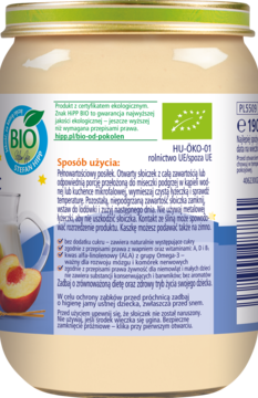 Tył słoiczka z ekologicznym deserkiem dla niemowląt, z instrukcją użycia, logo BIO i grafiką brzoskwiń.