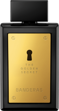 Banderas The Golden Secret woda toaletowa, czarna butelka z złotą płytką z dziurką od klucza, widok z przodu.