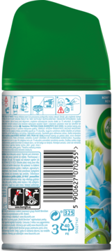 Wkład Air Wick Freshmatic, tył zielono-białego opakowania z niebieskimi kwiatami, kodem kreskowym i ikonami.