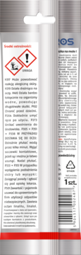 Tył srebrnej zawieszki na mole BROS z ostrzeżeniami chemicznymi, polskim opisem i kodem kreskowym.