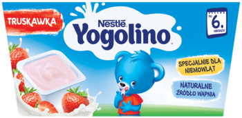 Deserek mleczno-owocowy Nestle Yogolino truskawka. Na opakowaniu różowy jogurt, truskawki i miś. Dla dzieci od 6. miesiąca.
