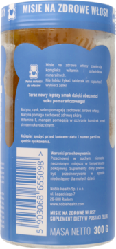 Tył opakowania żelków Misie na zdrowe włosy, niebieska etykieta z białym tekstem i kodem kreskowym.