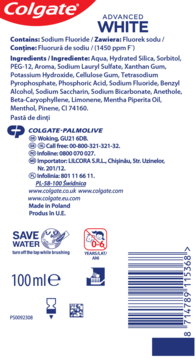 Białe opakowanie pasty Colgate Advanced White 100ml, tył z czytelną listą składników i kodem kreskowym.
