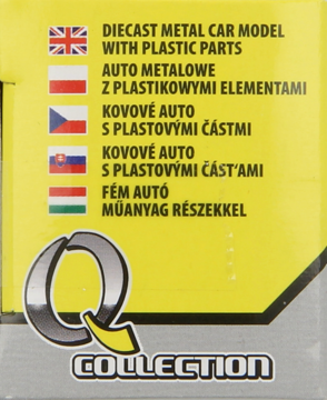 Tył opakowania modelu Welly Q-Collection z metalu i plastiku, z wielojęzycznym opisem i logo.