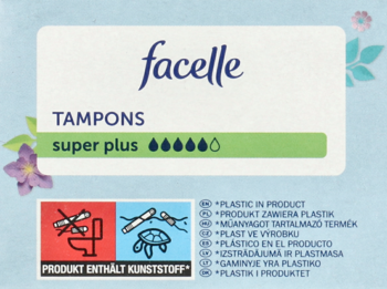 Opakowanie Facelle Tampons super plus, białe z kwiatowym tłem, zielony pasek z 6 kropelkami, ostrzeżenie o plastiku.
