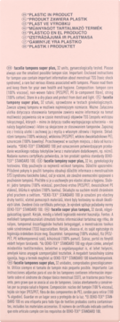 Instrukcja Facelle Super Plus Tampons 32, tekst o składzie i ostrzeżenie "PLASTIC IN PRODUCT" na różowym tle.