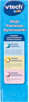 Niebieskie opakowanie VTech Baby Moje Pierwsze Rymowanki, z opisem wspierania rozwoju dziecka.