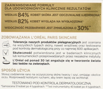 Fragment opakowania kremu L'Oréal Ekspert Wieku 70+ opisujący kliniczne rezultaty, zobowiązania i użycie.