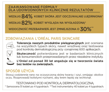 Panel informacyjny kremu L'Oréal Ekspert Wieku 70+. Wyniki: 84% ujędrnienia, 82% wygładzenia, 30% redukcji przebarwień.