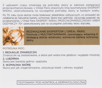 Informacyjny panel L'Oréal Ekspert Wieku 70+, z tekstem o kremie przeciwzmarszczkowym i małym zdjęciem produktu.