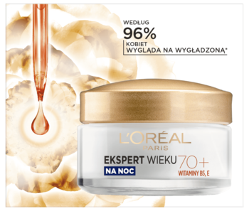 L'Oréal Ekspert Wieku 70+ krem na noc z witaminami B5, E w białym słoiku na tle złotego serum.