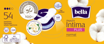 Bella Panty Intima Plus, 54 ultracienkie, oddychające wkładki z 100% bawełny organicznej, opakowanie.