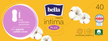Żółte opakowanie Bella Intima Plus, 40 sztuk: długie, oddychające wkładki higieniczne z bawełny organicznej.