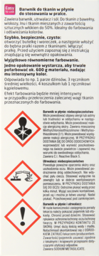 Etykieta barwnika do tkanin w płynie do pralki, z instrukcją i trzema piktogramami zagrożeń.