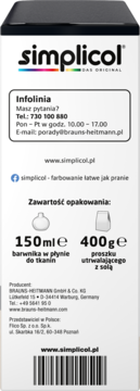 Tył opakowania barwnika do tkanin Simplicol: biała etykieta, infolinia, skład 150ml płynu i 400g proszku.