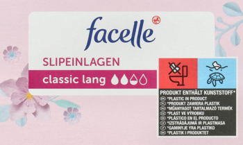Biało-różowe opakowanie wkładek higienicznych Facelle Classic Lang, widok z przodu, z ikonami utylizacji.