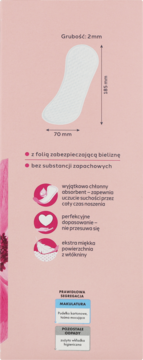 Tył opakowania wkładek higienicznych Classic długie 185x70x2mm, cechy: chłonne, miękkie, bezzapachowe.