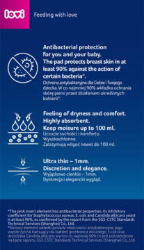 Lovi Discreet Elegance, wkładki antybakteryjne. Infografika: chłonność 100ml, 1mm cienkie, higieniczne.