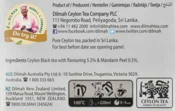Tył opakowania herbaty Dilmah Mandarin Ceylon Black Tea z listą składników i instrukcjami parzenia: 100°C, 3-5 min.