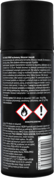 Tył czarnego aerozolu VACO Strong DEET na komary, kleszcze, z białym tekstem, piktogramami zagrożenia i kodem kreskowym.