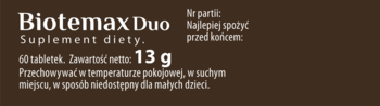 Biotemax Duo suplement diety, brązowe opakowanie z białymi napisami: 60 tabletek, 13g, przechowywanie.