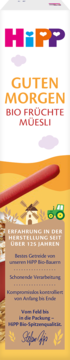 HiPP Bio Früchte Müsli opakowanie, z przodu: logo, napis 'Guten Morgen', grafiki farmy i 125 lat doświadczenia.