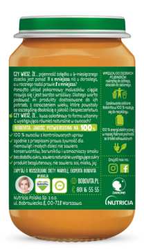 Tył pomarańczowego słoika BoboVita dla niemowląt 6m+, z etykietą o jakości 100% owoców i bez glutenu.