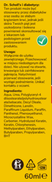 Tył opakowania kremu Dr. Scholl's na popękane pięty 60ml, z polskim tekstem o zastosowaniu, ostrzeżeniach i składnikach.