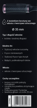 Czarne opakowanie okrągłej szczotki 35mm, z turmalinem i keratyną, do stylizacji krótkich i średnich włosów.