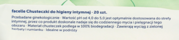 Tekst: Facelle Chusteczki do higieny intymnej 20 szt., pH 4.0-5.0, biodegradowalne, na białym tle z zielonym.