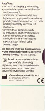 AkusTone: tył etykiety, polski tekst z zastosowaniem na woskowinę, instrukcją użycia i danymi producenta.