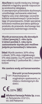 Akus Tone wyrób medyczny na woskowinę uszną, biała etykieta z czarnym tekstem, opis składu (oliwa, jojoba), widok z przodu.