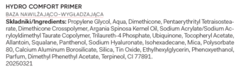 HYDRO COMFORT PRIMER, zbliżenie na etykietę z pełną listą składników (Ingredients) na białym tle.