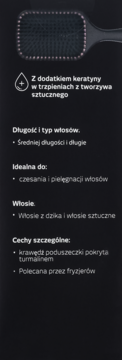 Grafika: lista cech szczotki do włosów z keratyną i turmalinem, dla długich włosów, na czarnym tle.